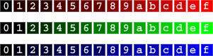 tres linhas de 16 cubos de cores em tons de escuro a claro para vermelho verde e azul